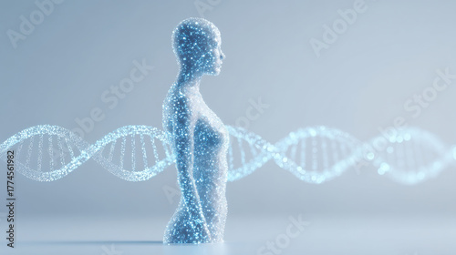 Abstract representation of a human figure with a DNA strand symbolizing genetic research and innovation.