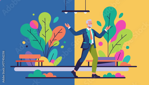 Successful businessman finds balance in a vibrant colorful abstract setting