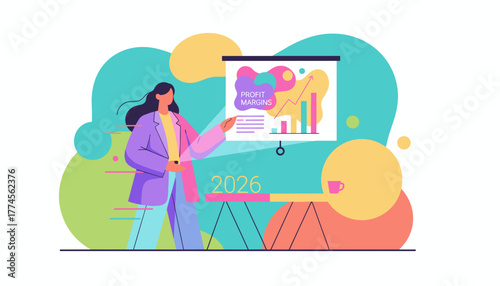 Businesswoman presenting 2026 profit margins growth strategy and financial forecast chart