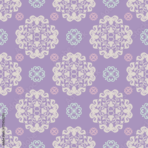 Pale pink, blue, and purple damask seamless pattern with decorative elements. Can be used for wallpaper, pattern fills, web page backgrounds, textiles, fabric, and surface textures