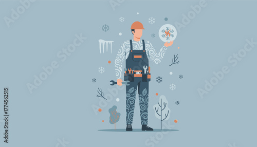 Professional HVAC technician holding a snowflake representing winter service and climate control