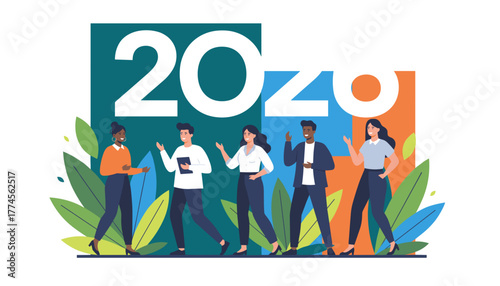 Diverse business team celebrating the start of 2020 Success goals and professional collaboration illustration