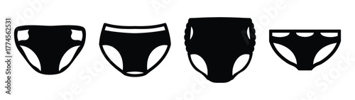 Four different styles of black diapers presented side by side as icons