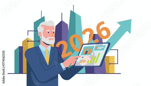 Businessman analyzing 2026 growth metrics on a tablet against a city backdrop