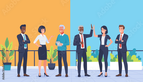 Diverse professional business team standing on a terrace demonstrating unity and corporate success