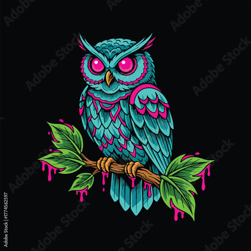 Vibrant Neon Owl Perched on a Dripping Branch Against a Dark Background