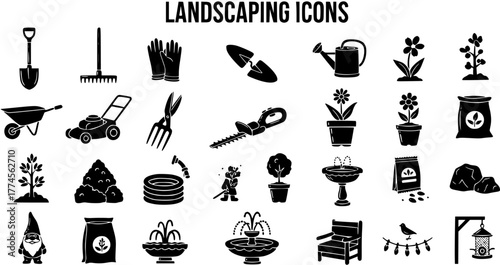 Detailed Black Silhouette Landscaping and Gardening Icons Set. Garden Tools, Plants, Flowers, Outdoor Furniture, and Elements Vector Collection
