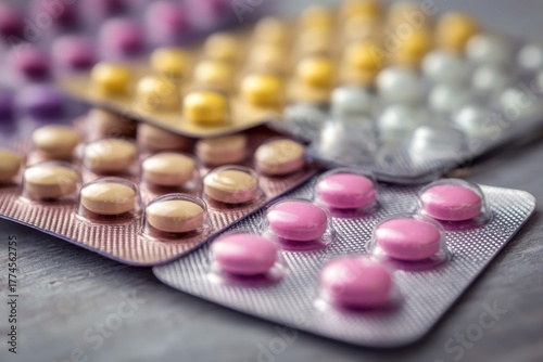 Close Up of Hormone Therapy Blister Packs in Varying Color Palettes: A Conceptual Still Life of Women's Health, Focusing on Medications and Fertility Options, Arrayed on Textured Surface