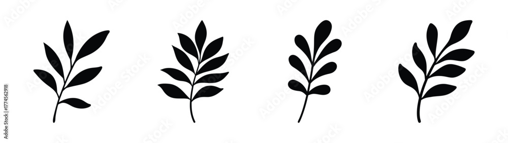 Naklejka premium Set of four stylized black botanical leaf sprigs abstract minimalist nature elements