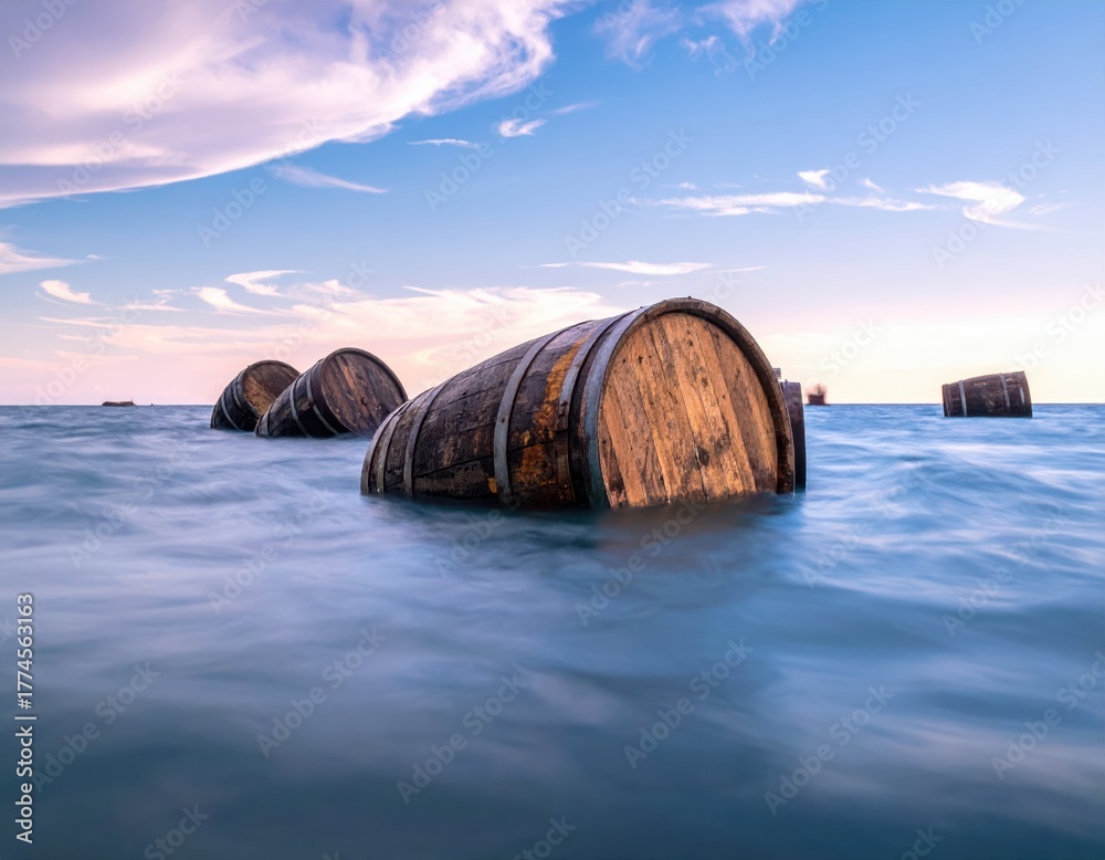 Fototapeta premium Wooden Barrels in Calm Sea Under Dusk Sky with Soft Clouds