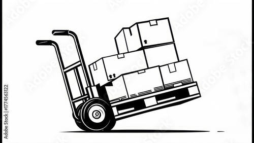 Black and white image shows a dolly loaded with stacked cardboard boxes on a pallet