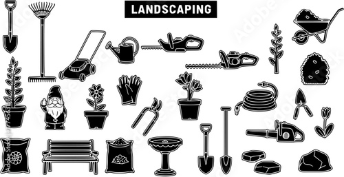 Landscaping Vector Icon Set: Garden Tools, Plants, and Lawn Care Equipment in Black and White Silhouette