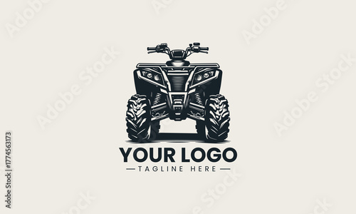 Powerful black vector illustration of an aggressive off-road ATV quad bike with large tires creating a dynamic adventure sport symbol