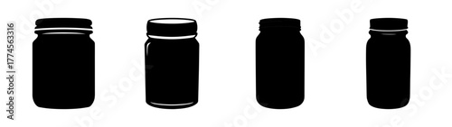 Four black baby food jars with lids lined up showing variety of container shapes