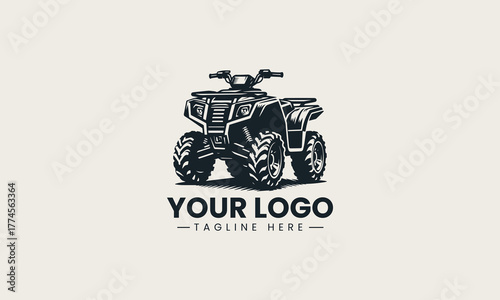 Powerful black vector illustration of an aggressive off-road ATV quad bike with large tires creating a dynamic adventure sport symbol