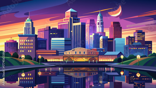 Very beautiful cityscape of Des Moines, Iowa, USA at twilight, featuring illuminated skyscrapers reflecting on the river, capturing the vibrant skyline and serene evening atmosphere.