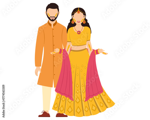 indian couple on haldi ceremony indian bride and groom on haldi mehendi sangeet function vector illustration
