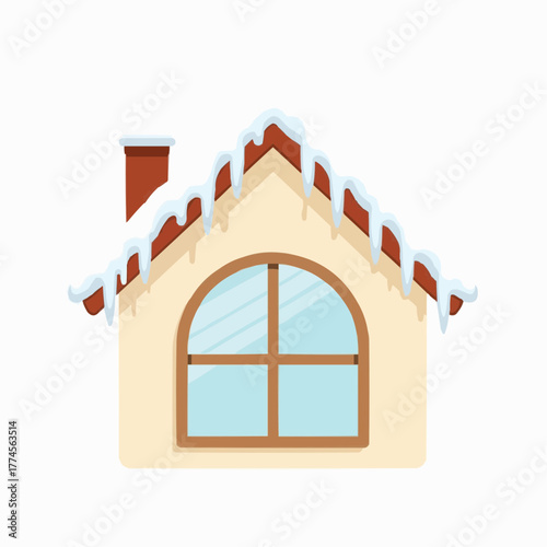 House with icicles on roof and snow-covered chimney in winter  