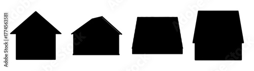 Four simple black silhouettes of houses with different roof styles