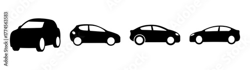Four silhouettes of black electric cars in a row showing different models