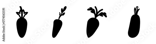Four simple black carrot silhouettes with green tops set against a