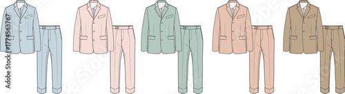 Variety of colorful suits for men, showcasing a range of stylish formal attire and fashion trends