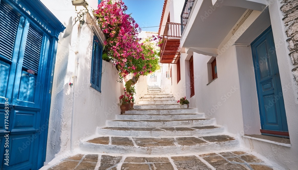Fototapeta premium stairs in the narrow street of neorio town on poros island greece summer background