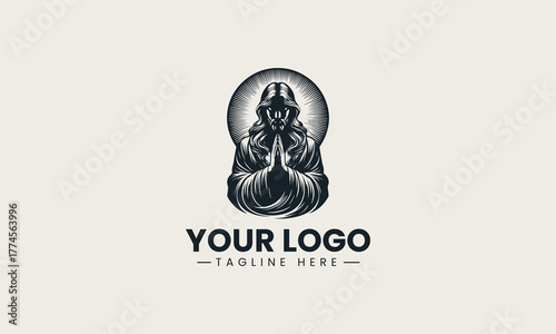 Striking black vector illustration of Jesus Christ praying with a beautiful radiant halo creating a powerful spiritual worship symbol