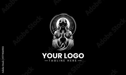Striking black vector illustration of Jesus Christ praying with a beautiful radiant halo creating a powerful spiritual worship symbol