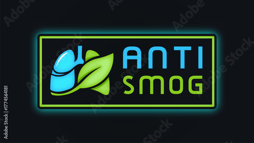 Vector graphic anti smog logo includes lungs and leaf with rectangle border against a dark background
