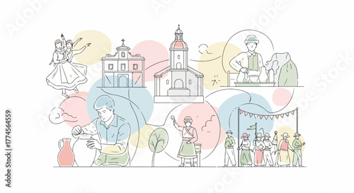 Flat line art illustration showcasing European cultural heritage, folk traditions, artisan crafts, and a vibrant community festival