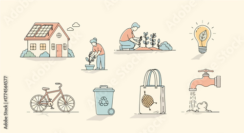 Collection of hand-drawn icons illustrating an eco-friendly lifestyle, sustainability concepts, and environmental conservation
