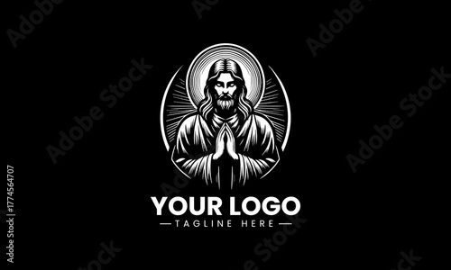 Striking black vector illustration of Jesus Christ praying with a beautiful radiant halo creating a powerful spiritual worship symbol