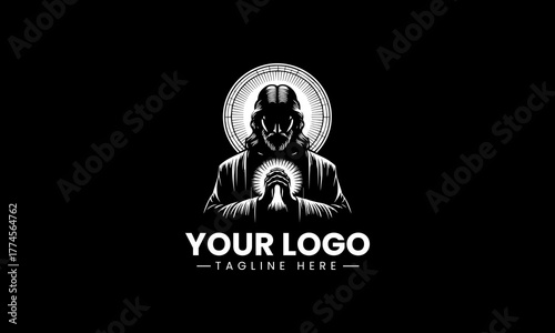 Striking black vector illustration of Jesus Christ praying with a beautiful radiant halo creating a powerful spiritual worship symbol