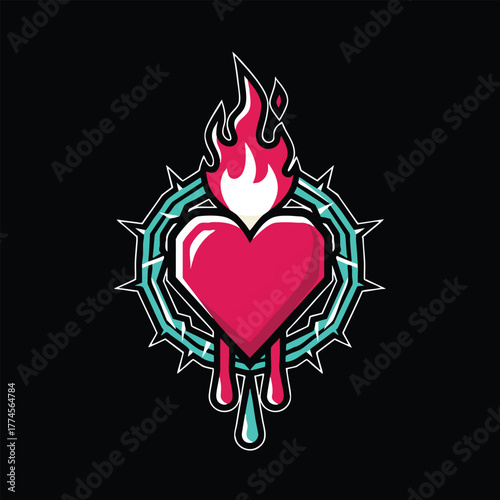 Sacred Heart of Jesus Flaming Symbol of Love and Sacrifice with Thorns and Tears