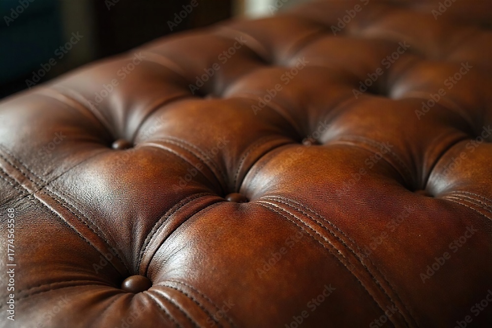 Obraz premium Richly Textured Brown Leather Bench Upholstery Detail Classic Furniture for Interior Design Projects