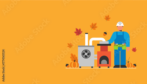 HVAC technician fixing a furnace surrounded by fall leaves and pumpkins Heating services illustration