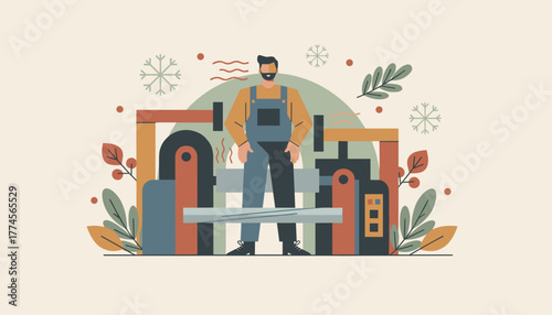 Flat design illustration of a worker operating industrial climate control or manufacturing equipment