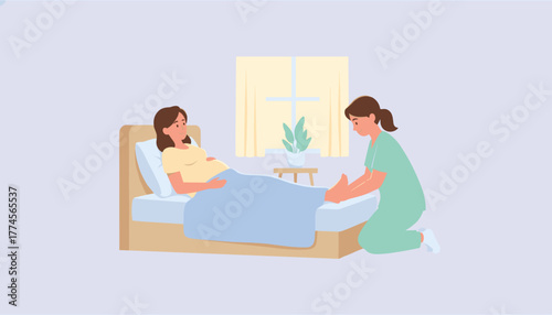 Healthcare worker gives a foot massage to a smiling pregnant woman in bed showing prenatal care