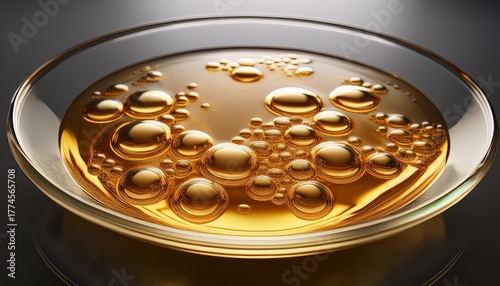 golden bubble laden liquid in a clear round dish under soft natural light