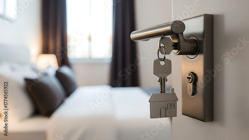 key in door lock with house charm. bedroom door with key in lock and small house key chain concept for real estate hotel rental