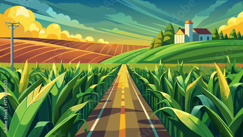 Very beautiful close-up view of a cornfield along Route 30 in Iowa, USA, showcasing lush green corn stalks, the rural roadside, and the rich agricultural landscape of the Midwest.