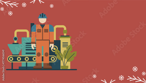 Seasonal industry flat vector Factory worker and production line on festive red background with snowflakes