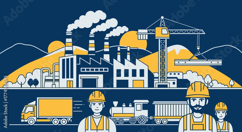 Industrial activity and logistics Workers factory crane train and truck delivering goods