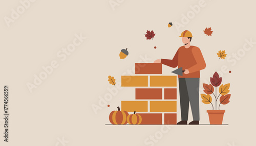 Mason building brick wall surrounded by autumn leaves and pumpkins Fall construction industry concept