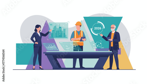 Professionals collaborating on urban development and future planning using advanced holographic data