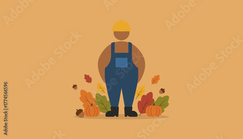 Minimalist worker in hard hat and overalls surrounded by autumn leaves and pumpkins representing seasonal labor