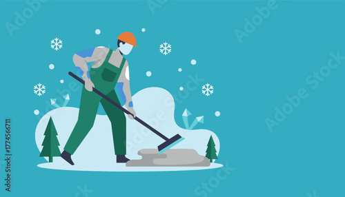 Professional worker clearing snow and ice during winter Flat design illustration for maintenance and labor