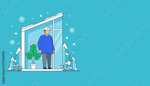 Engineer or worker safely inside modern glass structure observing winter snowfall outside