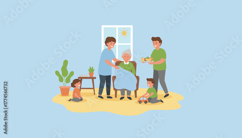 Intergenerational family caring for an elderly woman with support from a professional caregiver